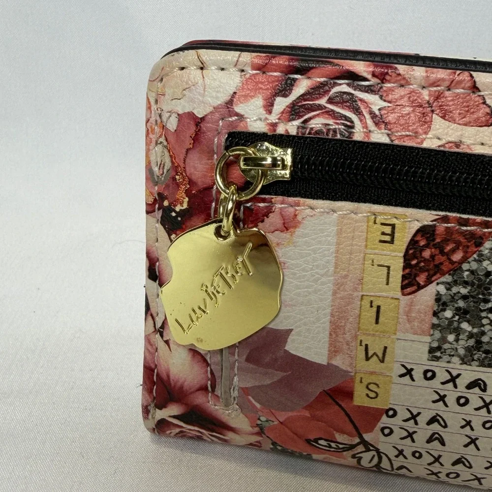 Luv Betsey Bifold Wallet Womens Small Pink Butterfly Floral Collage Smile XOXO